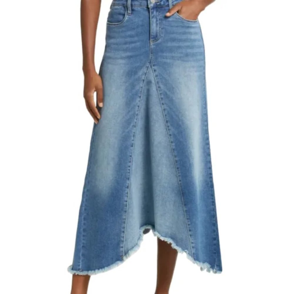 Wash Lab Denim Pieced Denim Midi Skirt in Two Tone Sky  Size 32 (14)